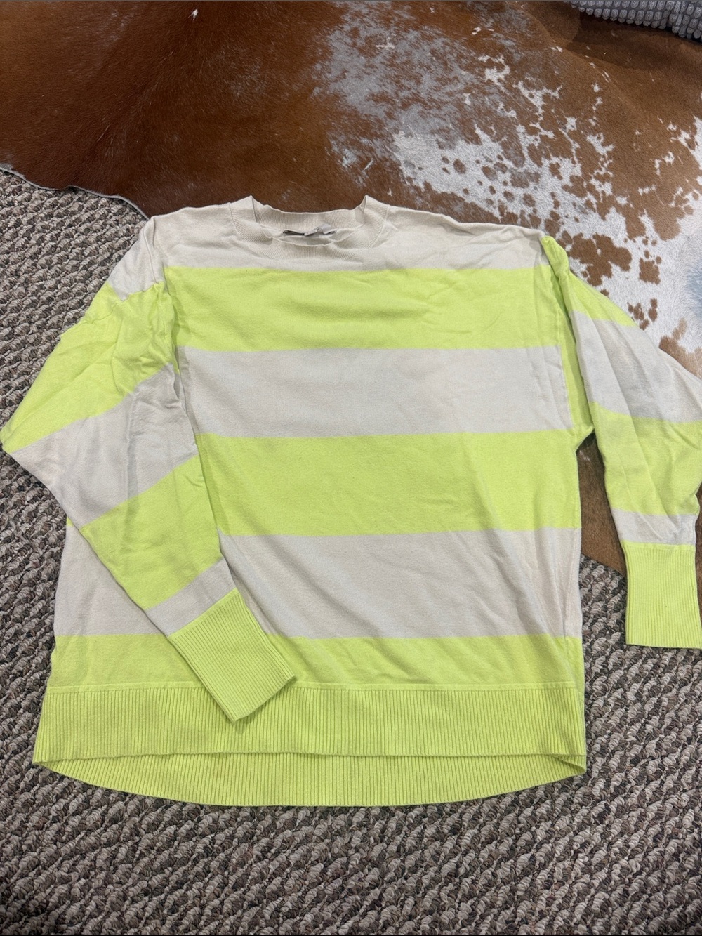 LOFT Cream and Neon Yellow Striped Crewneck Sweater